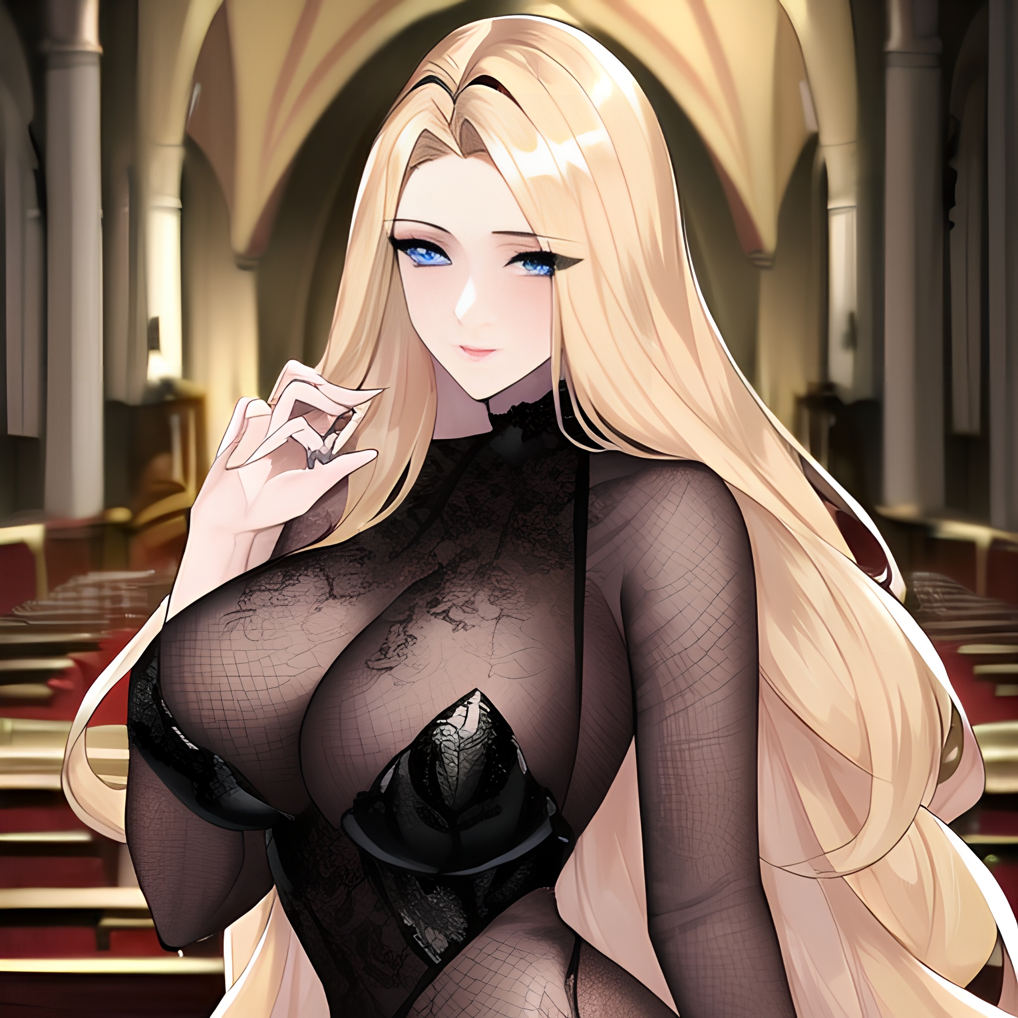 fishnet woman front view long hair church nude small boobs blonde 