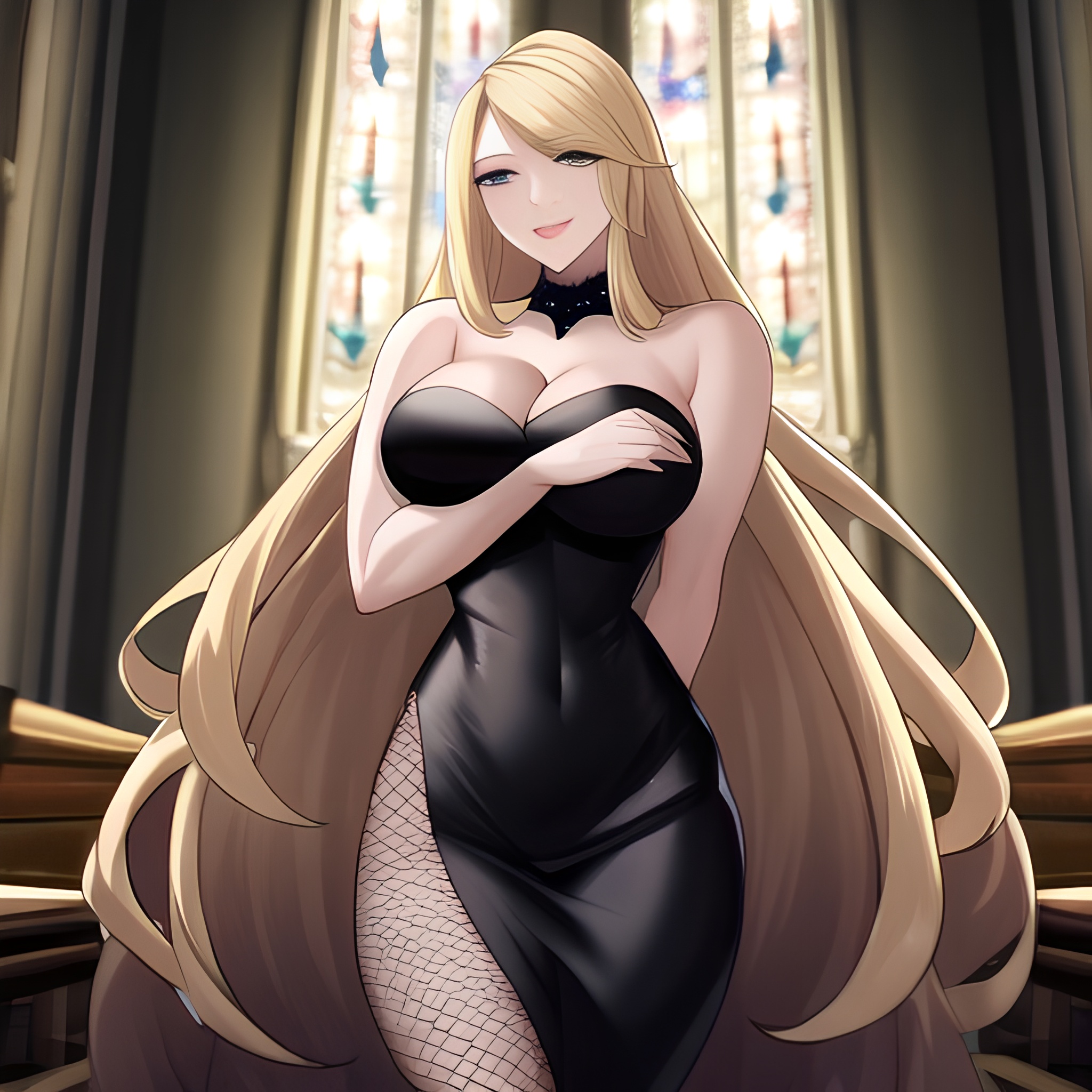 fishnet woman long hair blonde church 