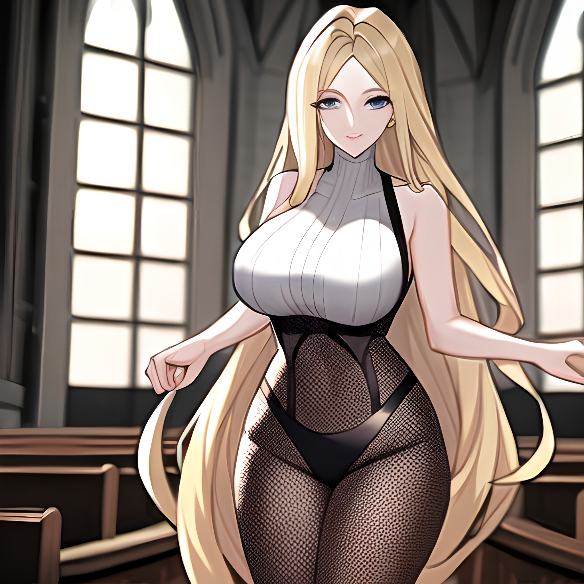 fishnet woman long hair blonde church 