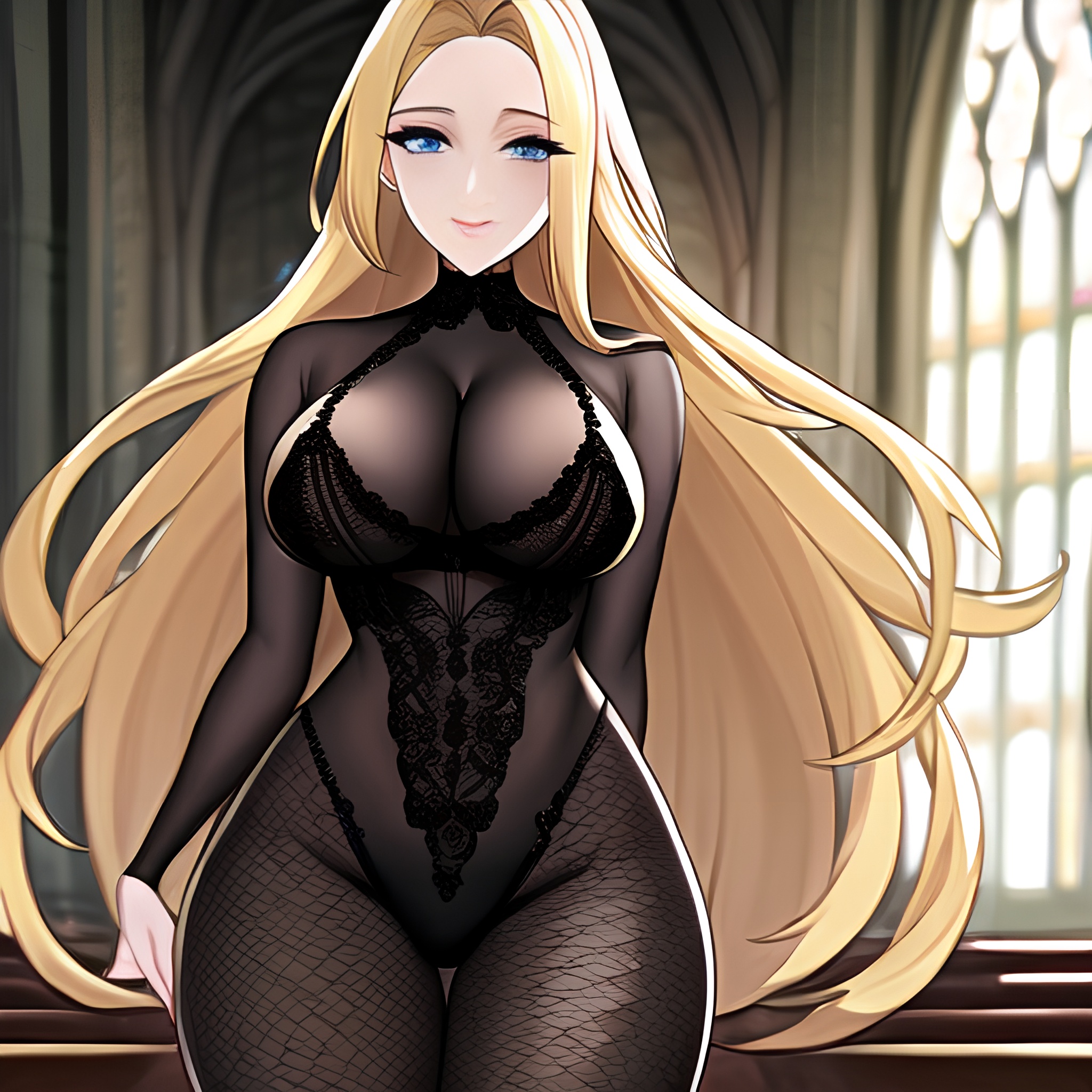 fishnet woman long hair blonde church 