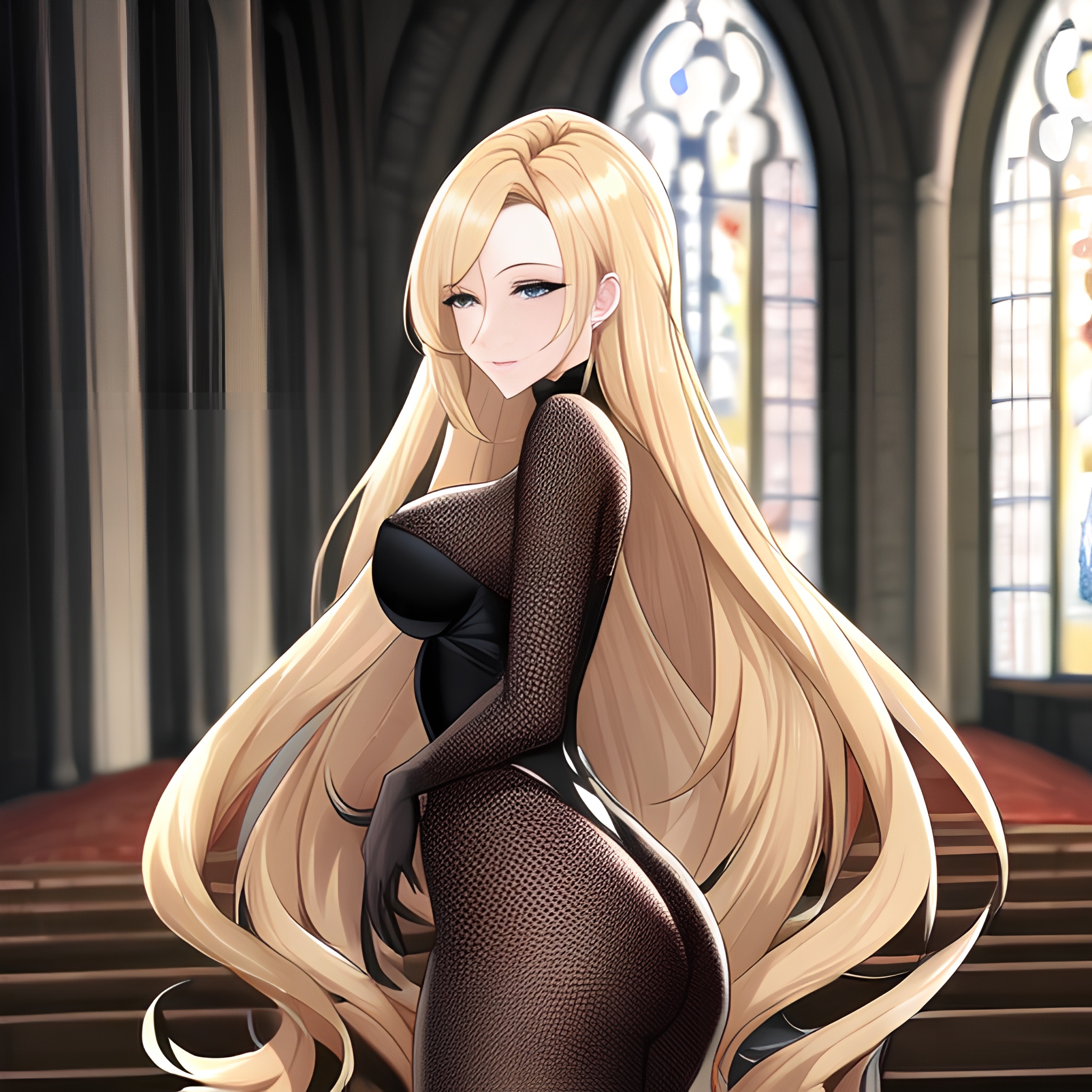 fishnet woman long hair blonde church 