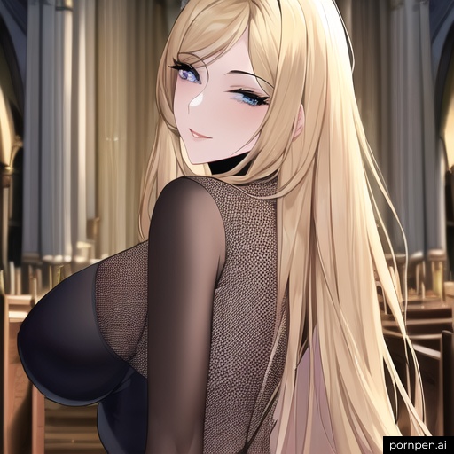 fishnet woman long hair blonde church nude front view small boobs 