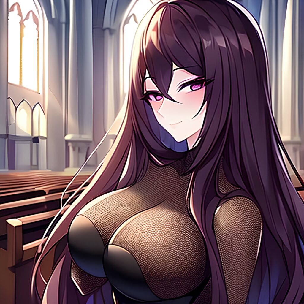 fishnet woman long hair brunette church messy hair 