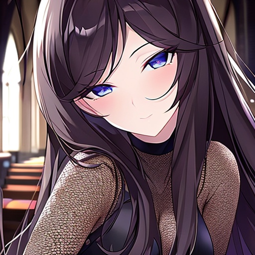 fishnet woman long hair brunette church messy hair 