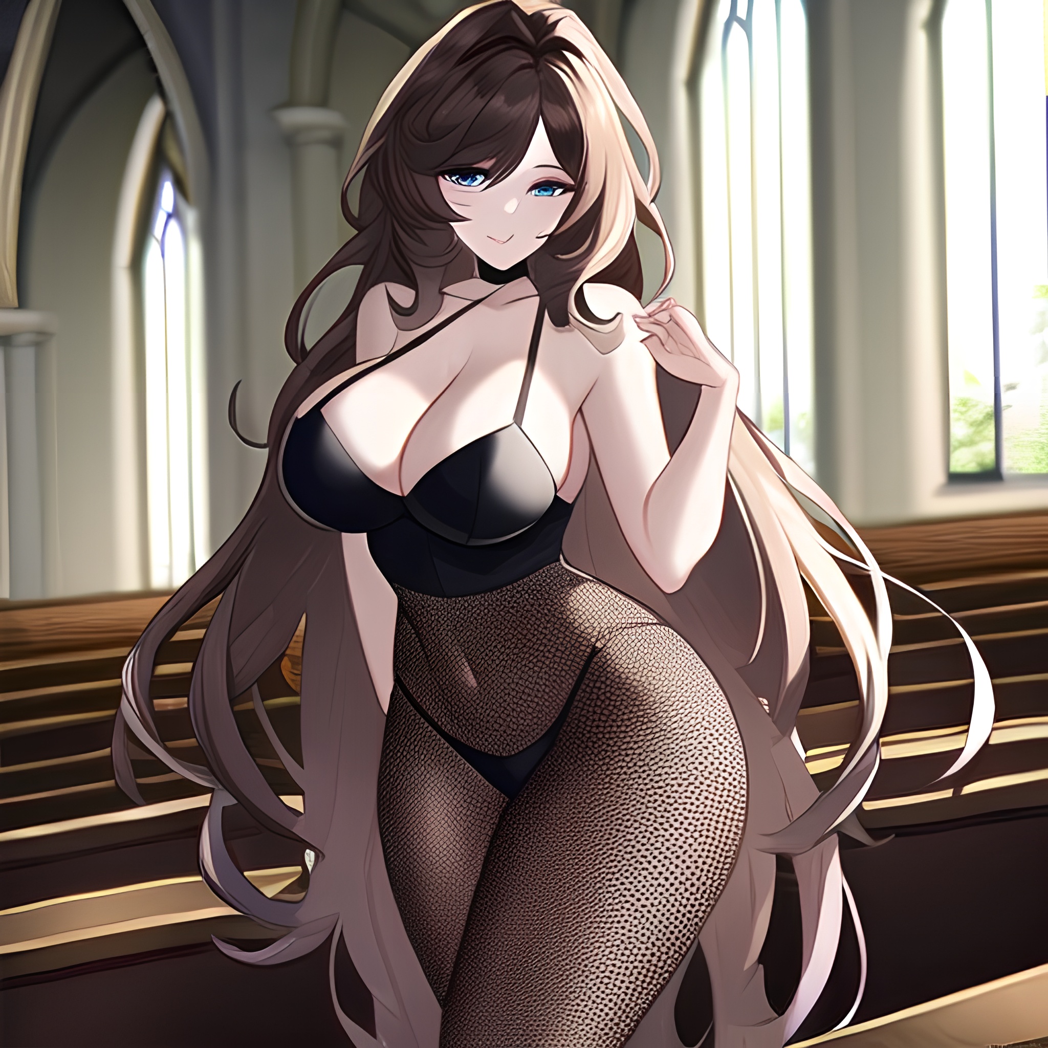 fishnet woman long hair brunette church messy hair 