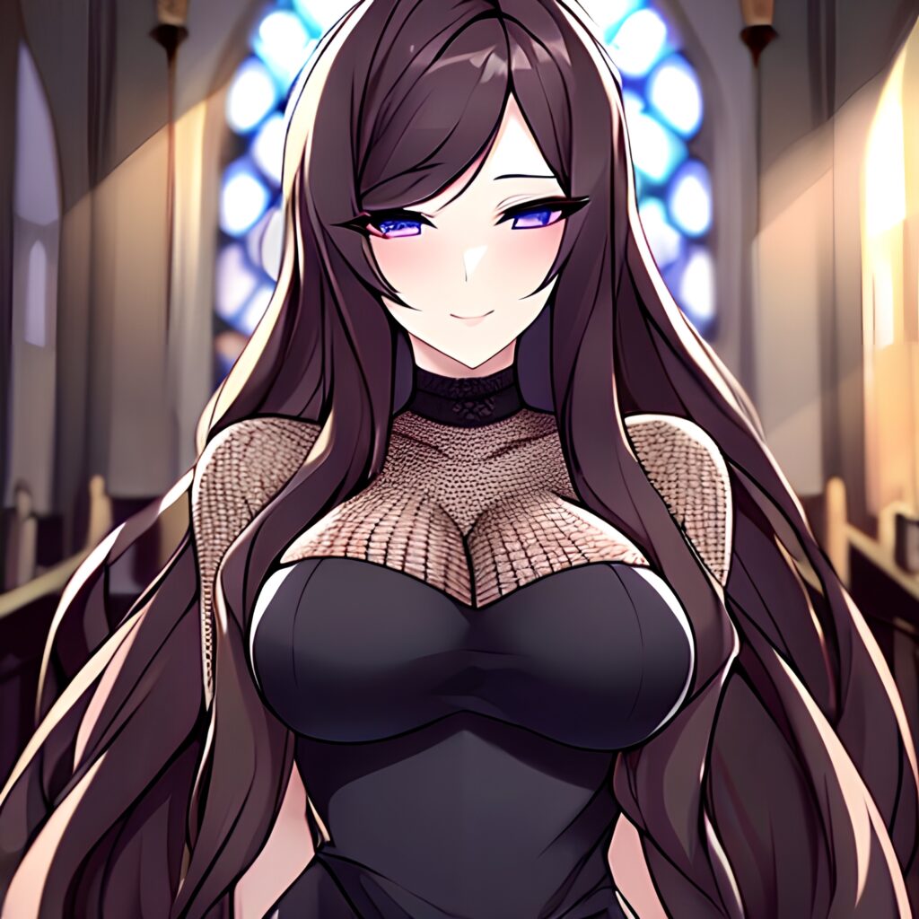 fishnet woman long hair brunette messy hair church 