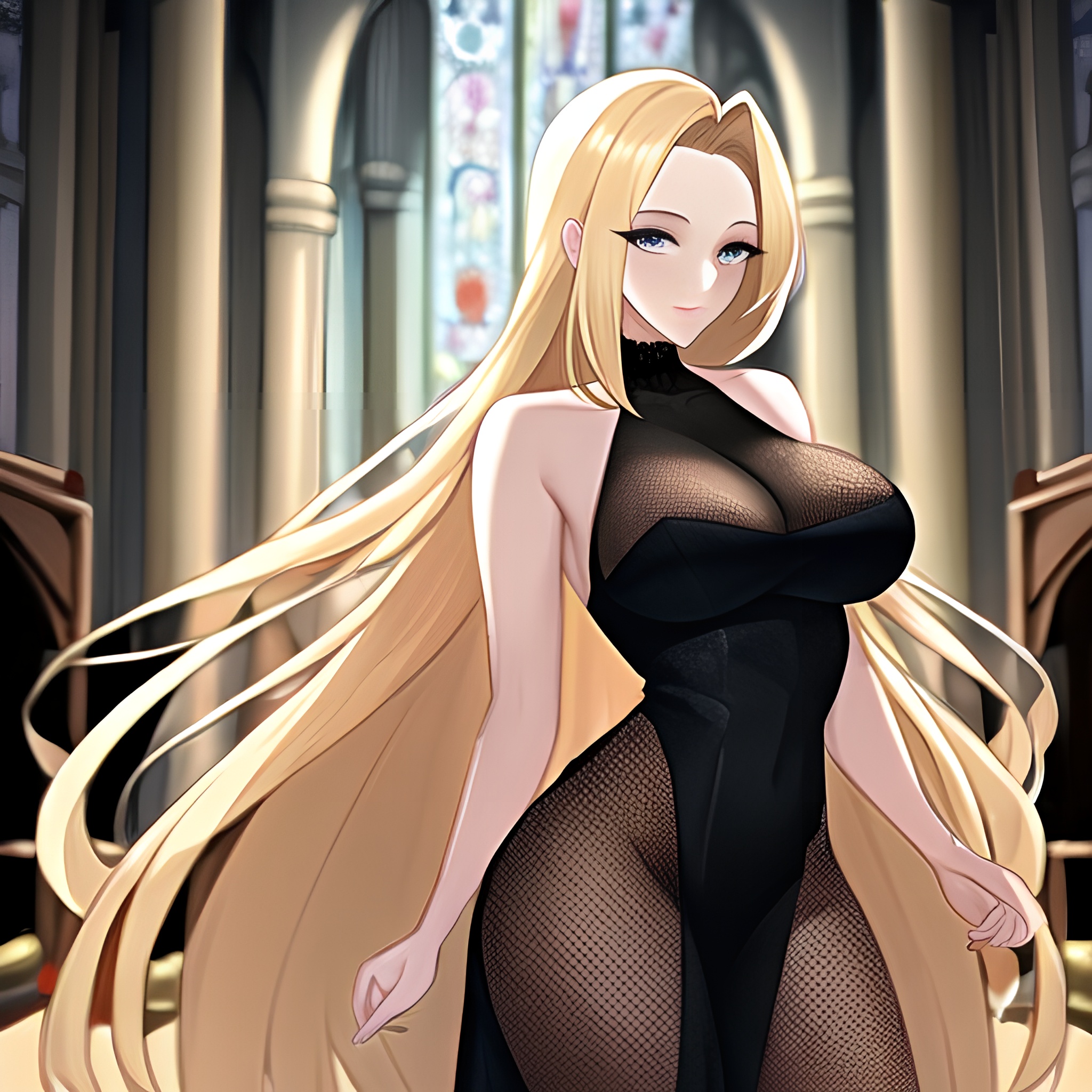 fishnet woman long hair church blonde 