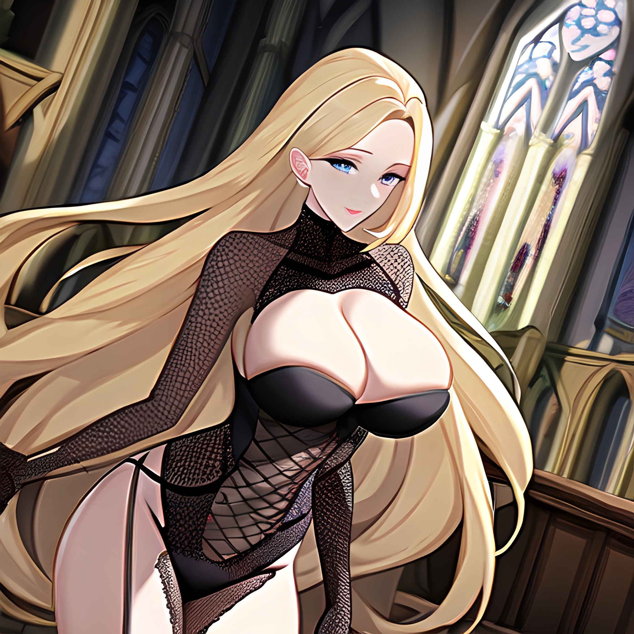 fishnet woman long hair church blonde 