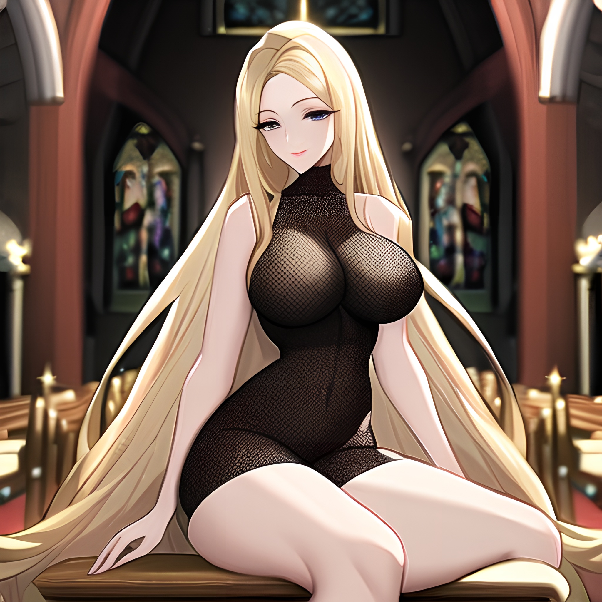 fishnet woman long hair church blonde 