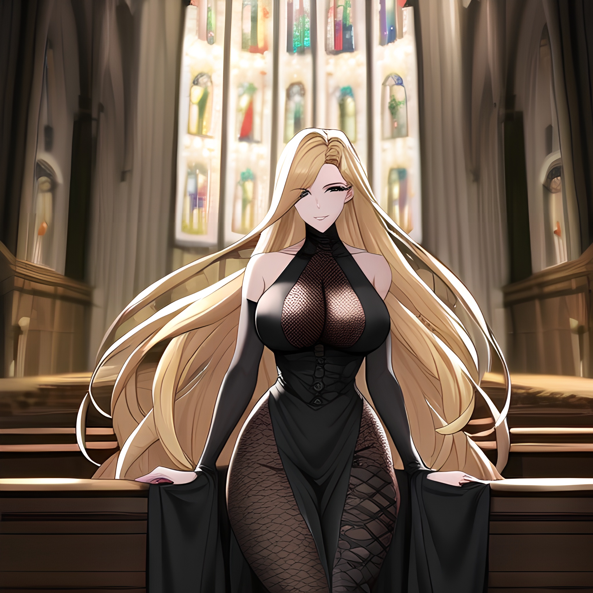 fishnet woman long hair church blonde 