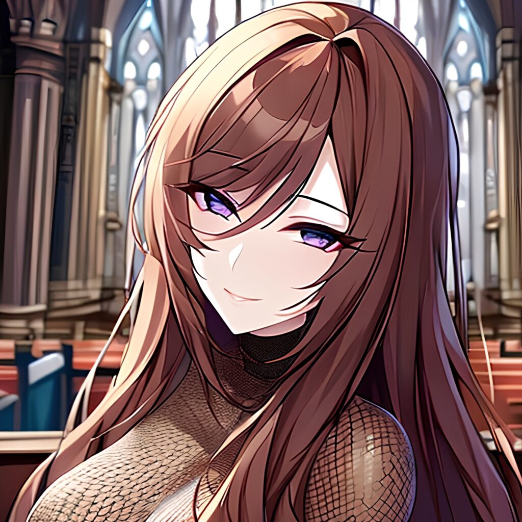 fishnet woman long hair church brunette messy hair 