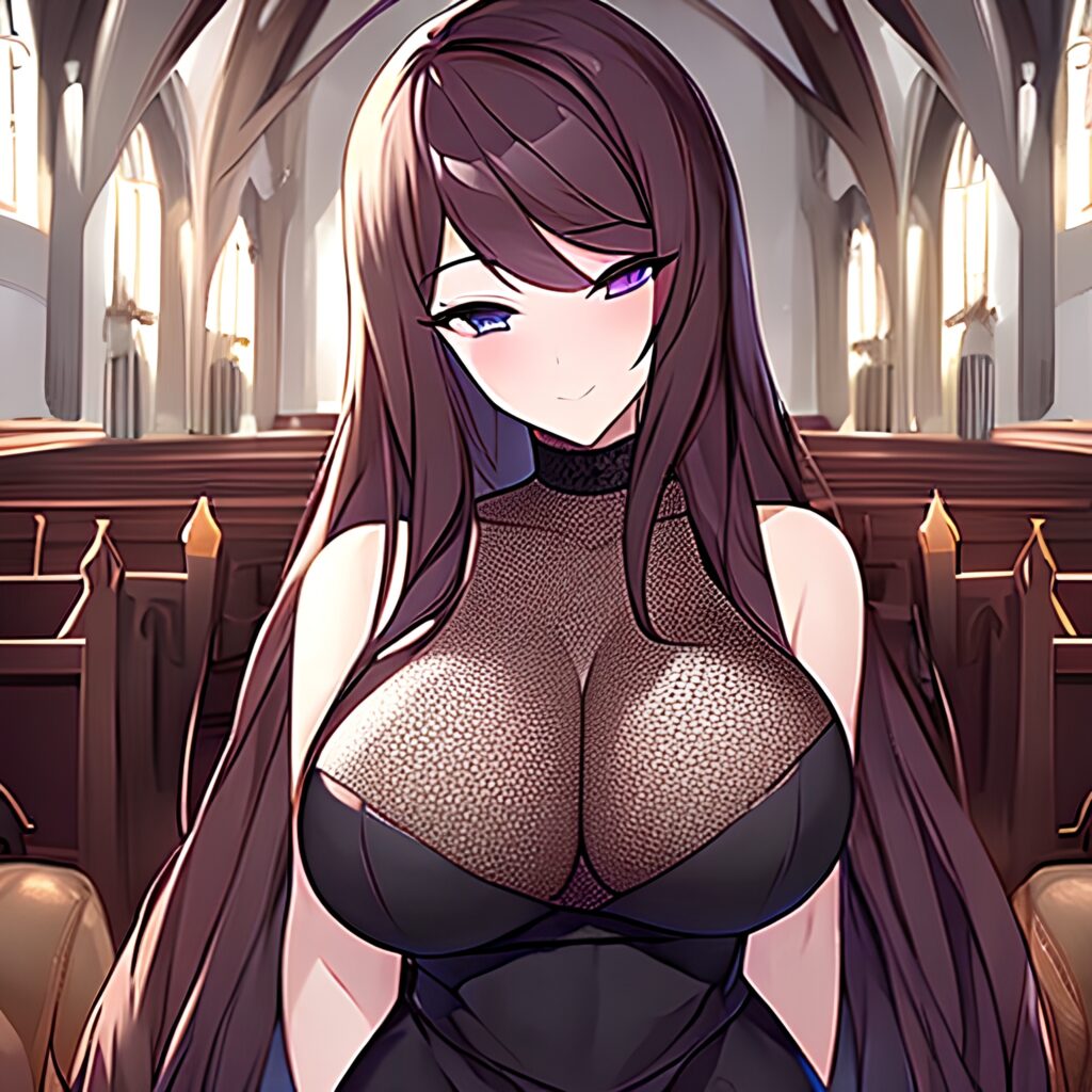 fishnet woman long hair church brunette messy hair 