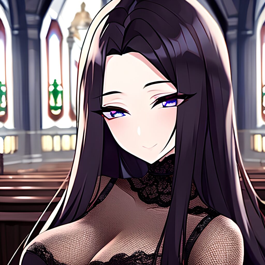 fishnet woman long hair church brunette messy hair 