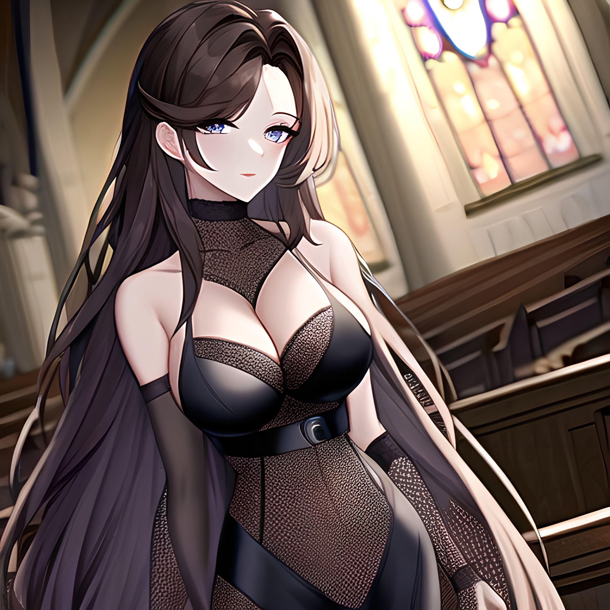 fishnet woman long hair church brunette messy hair 