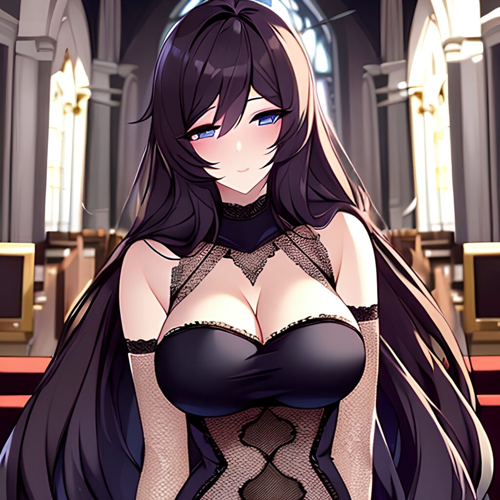 fishnet woman long hair church brunette messy hair 