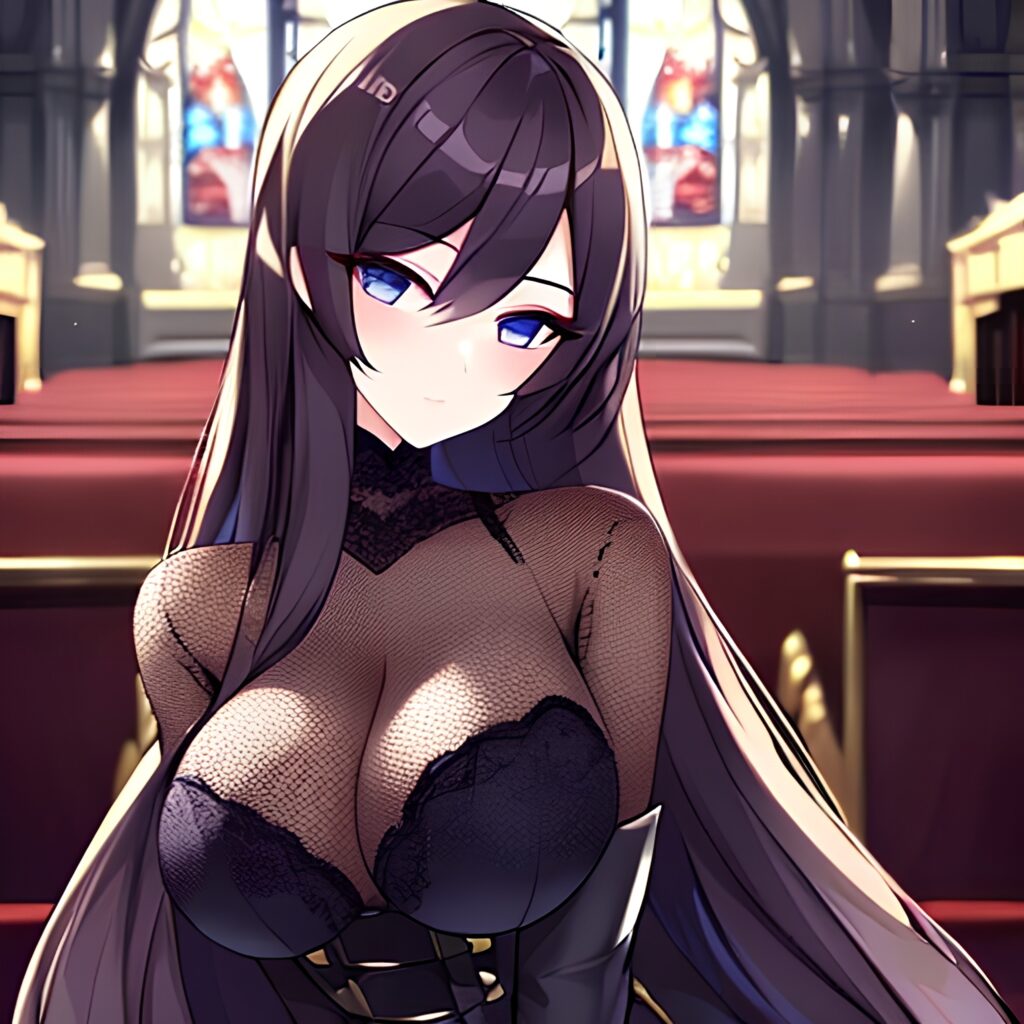 fishnet woman long hair church messy hair brunette 