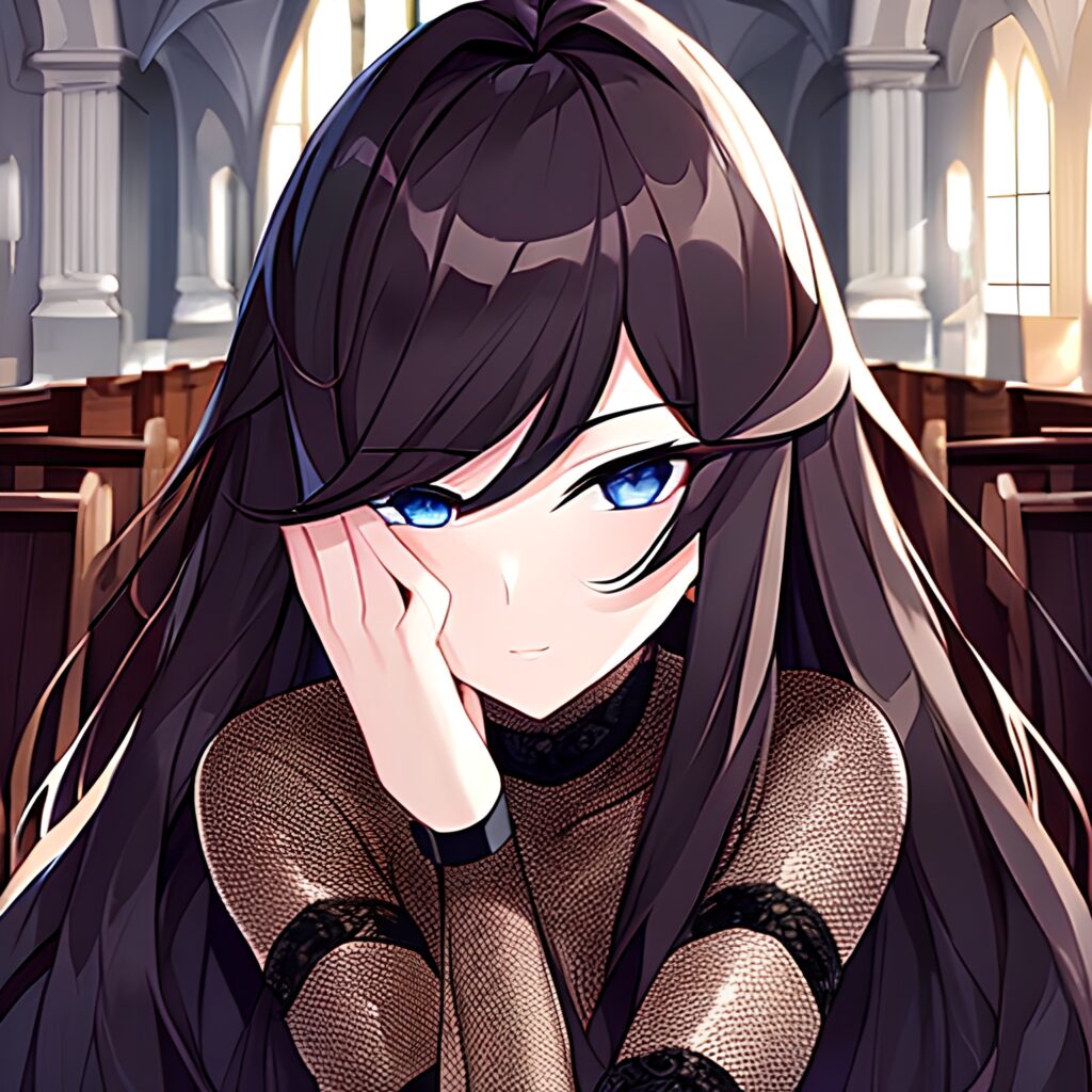 fishnet woman long hair church messy hair brunette 