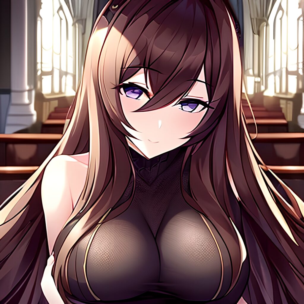 fishnet woman long hair church messy hair brunette 