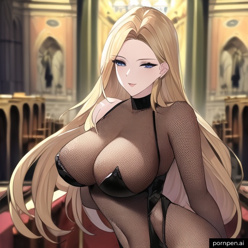 fishnet woman long hair front view blonde nude small boobs church 