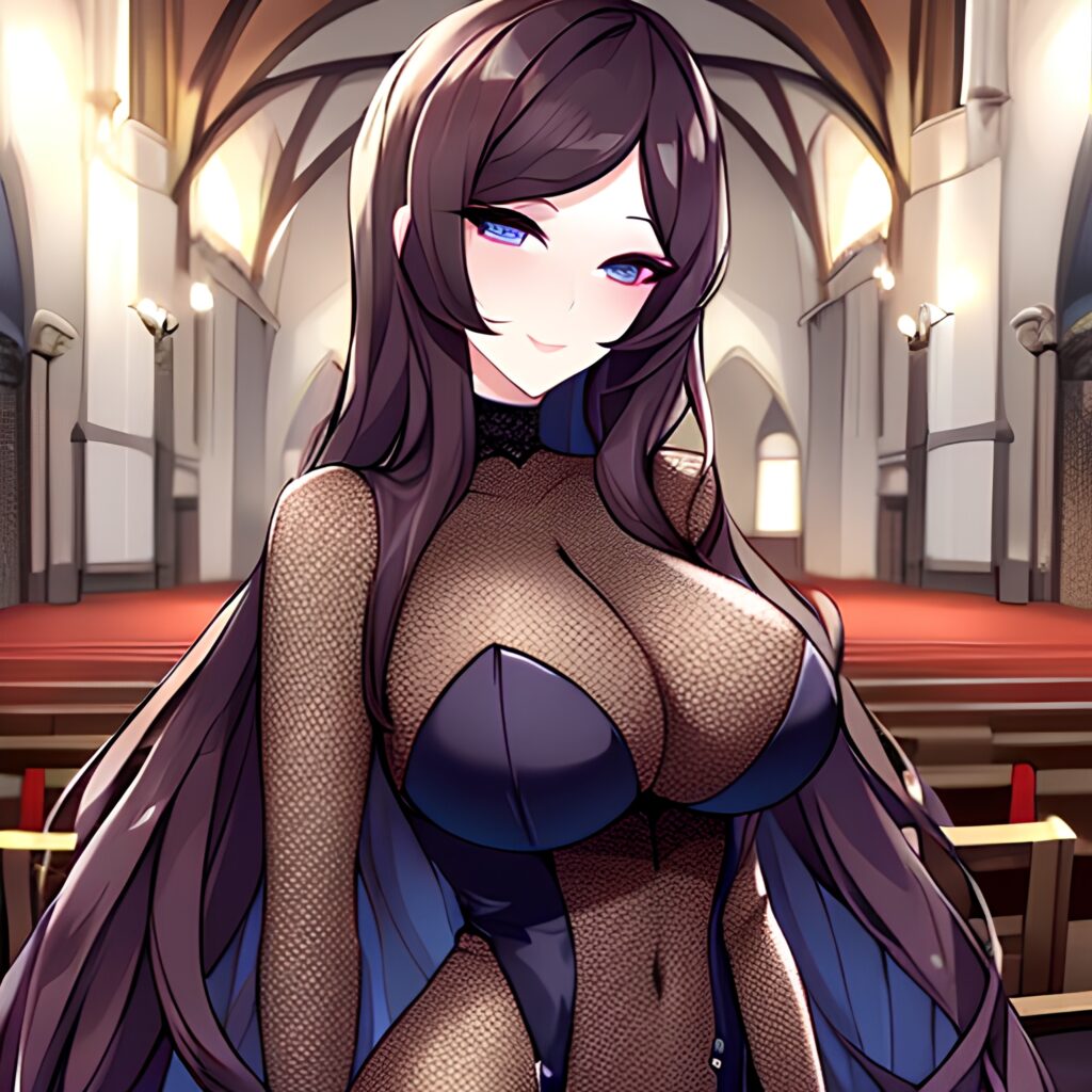 fishnet woman long hair messy hair brunette church 