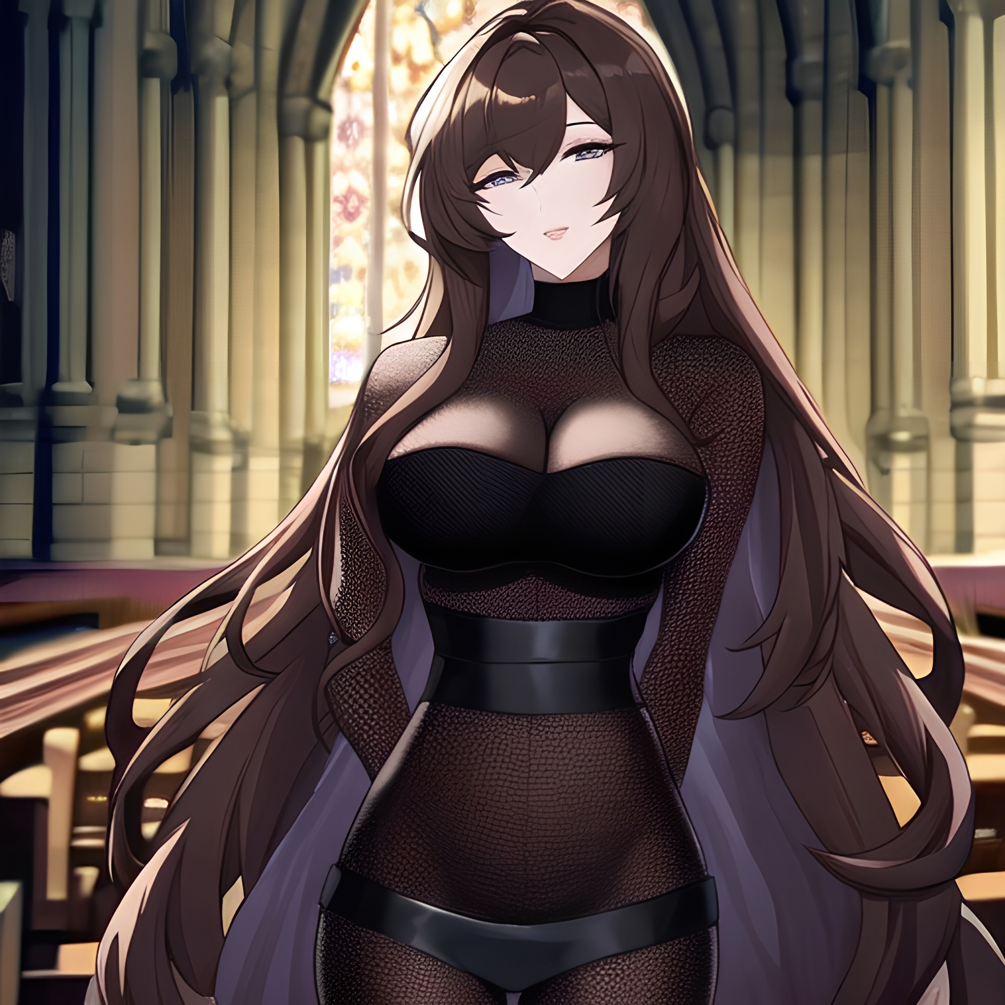 fishnet woman long hair messy hair brunette church 