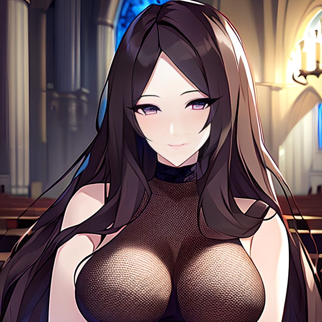 fishnet woman long hair messy hair brunette church 