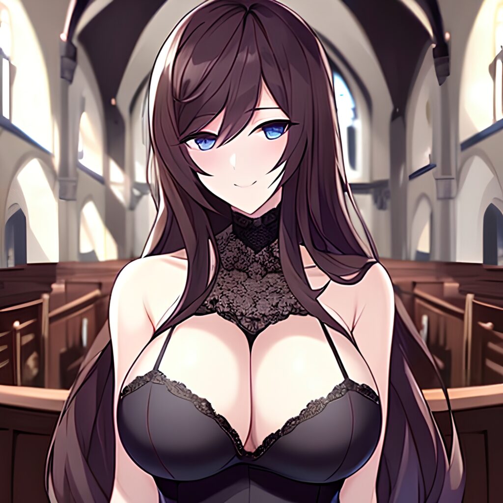 fishnet woman long hair messy hair brunette church 