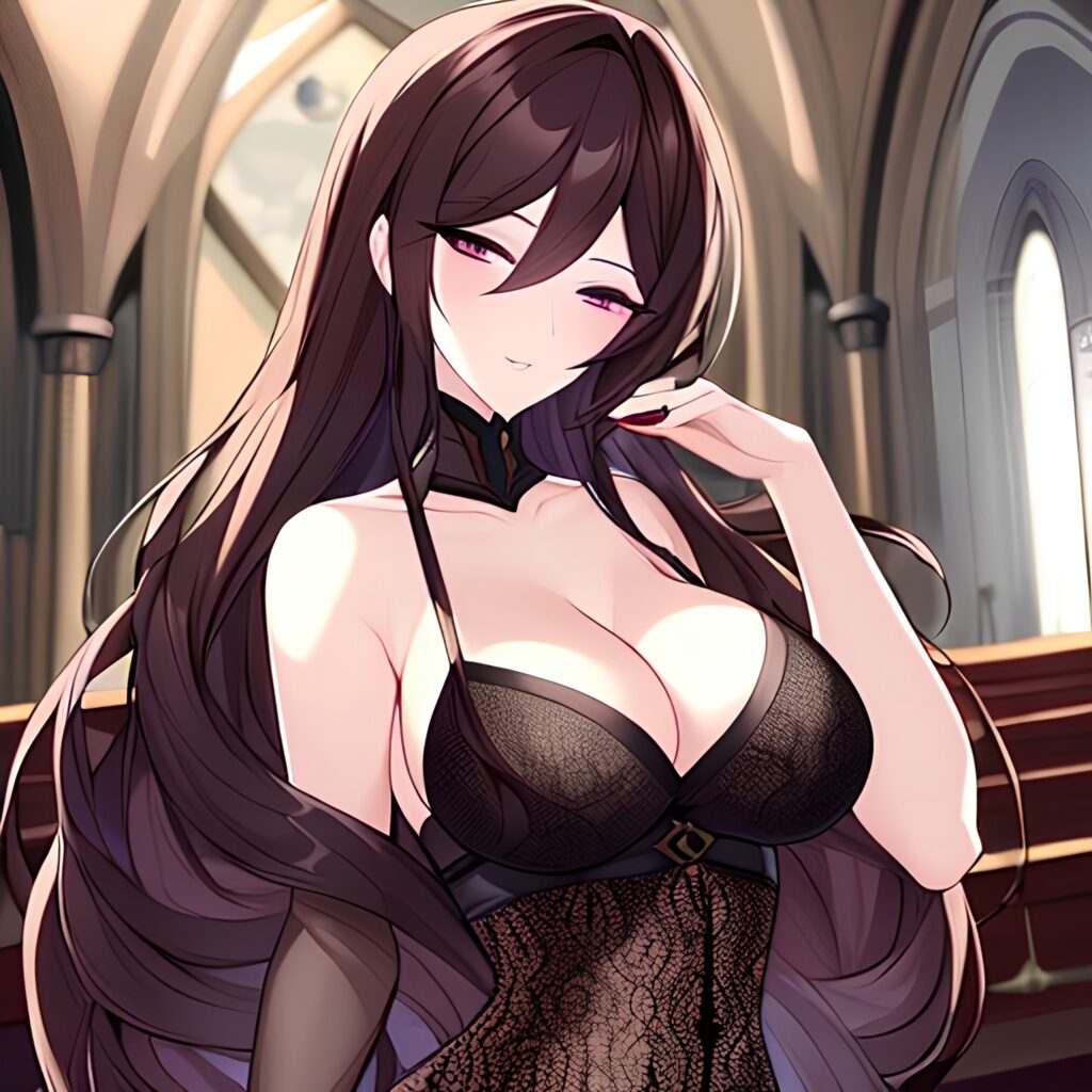 fishnet woman long hair messy hair brunette church 