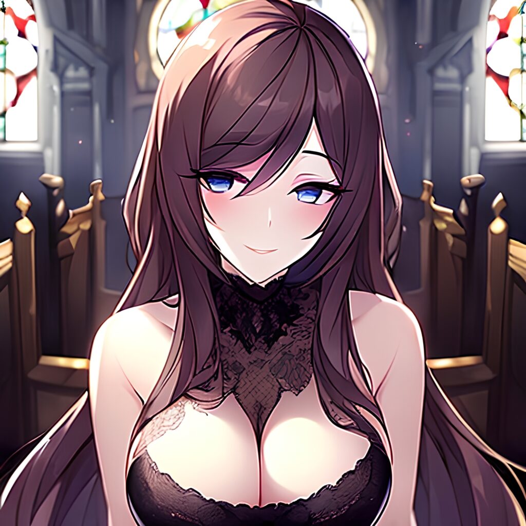 fishnet woman long hair messy hair brunette church 