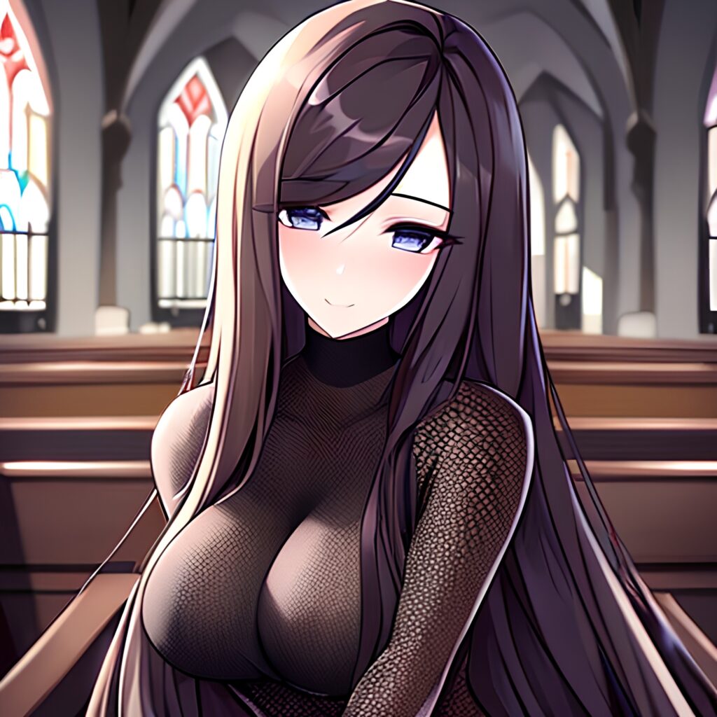 fishnet woman long hair messy hair church brunette 