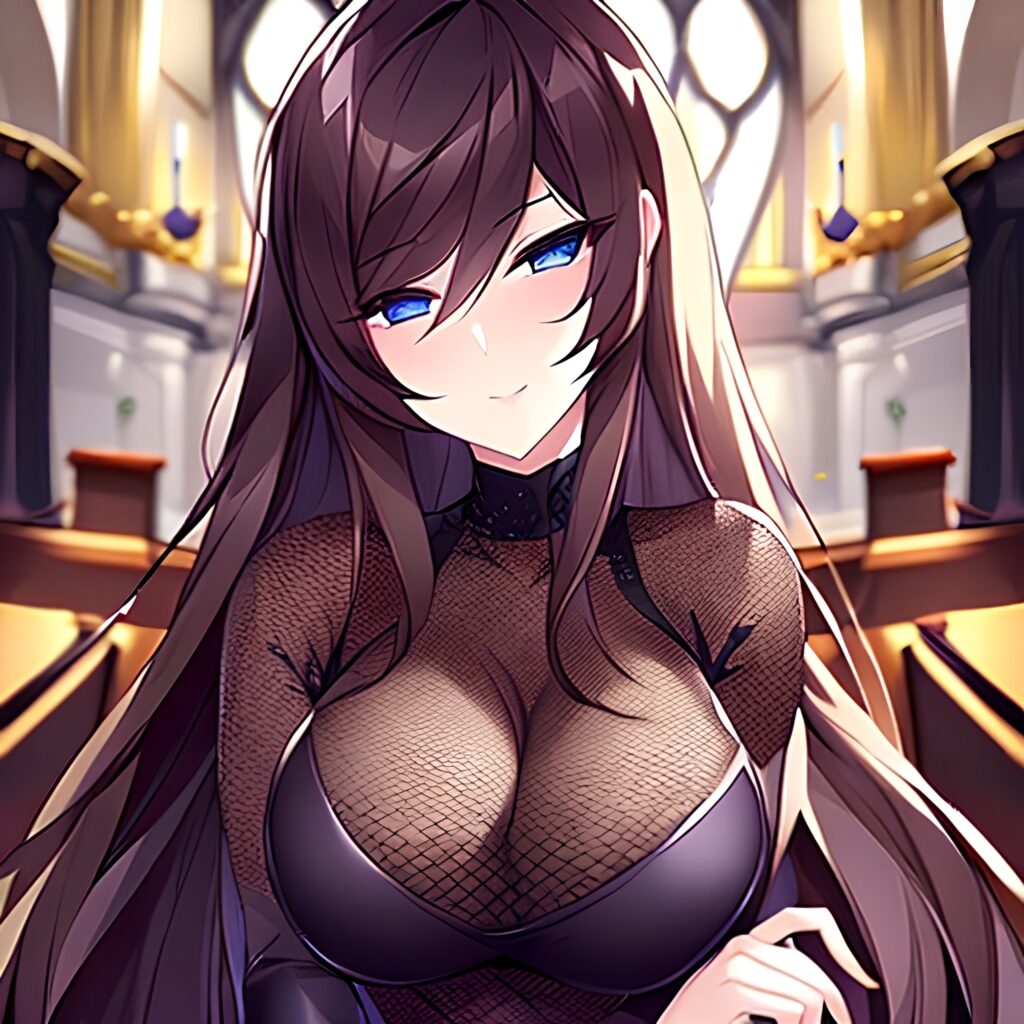 fishnet woman long hair messy hair church brunette 