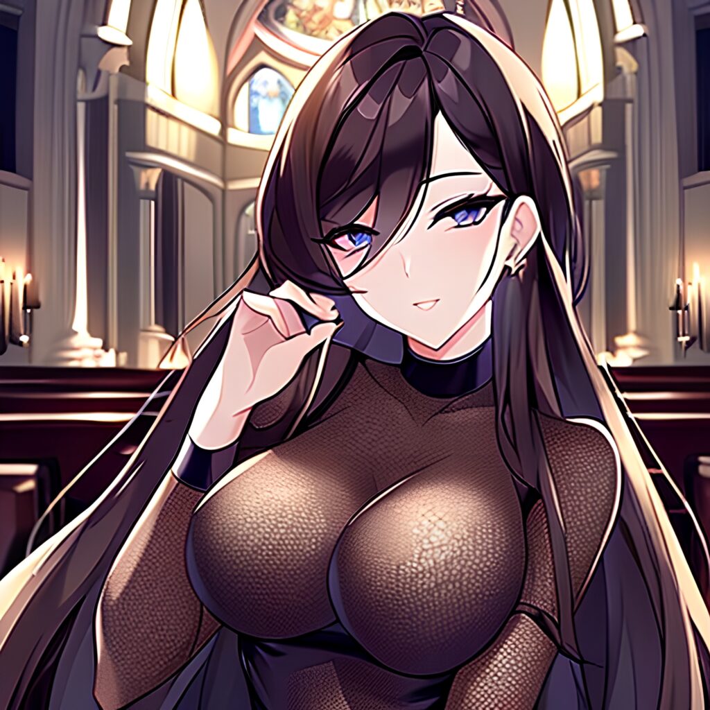 fishnet woman long hair messy hair church brunette 