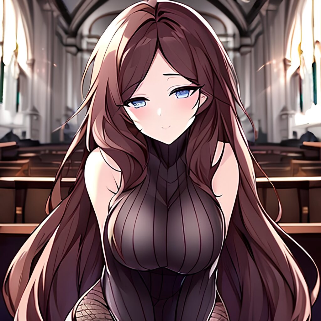 fishnet woman long hair messy hair church brunette 