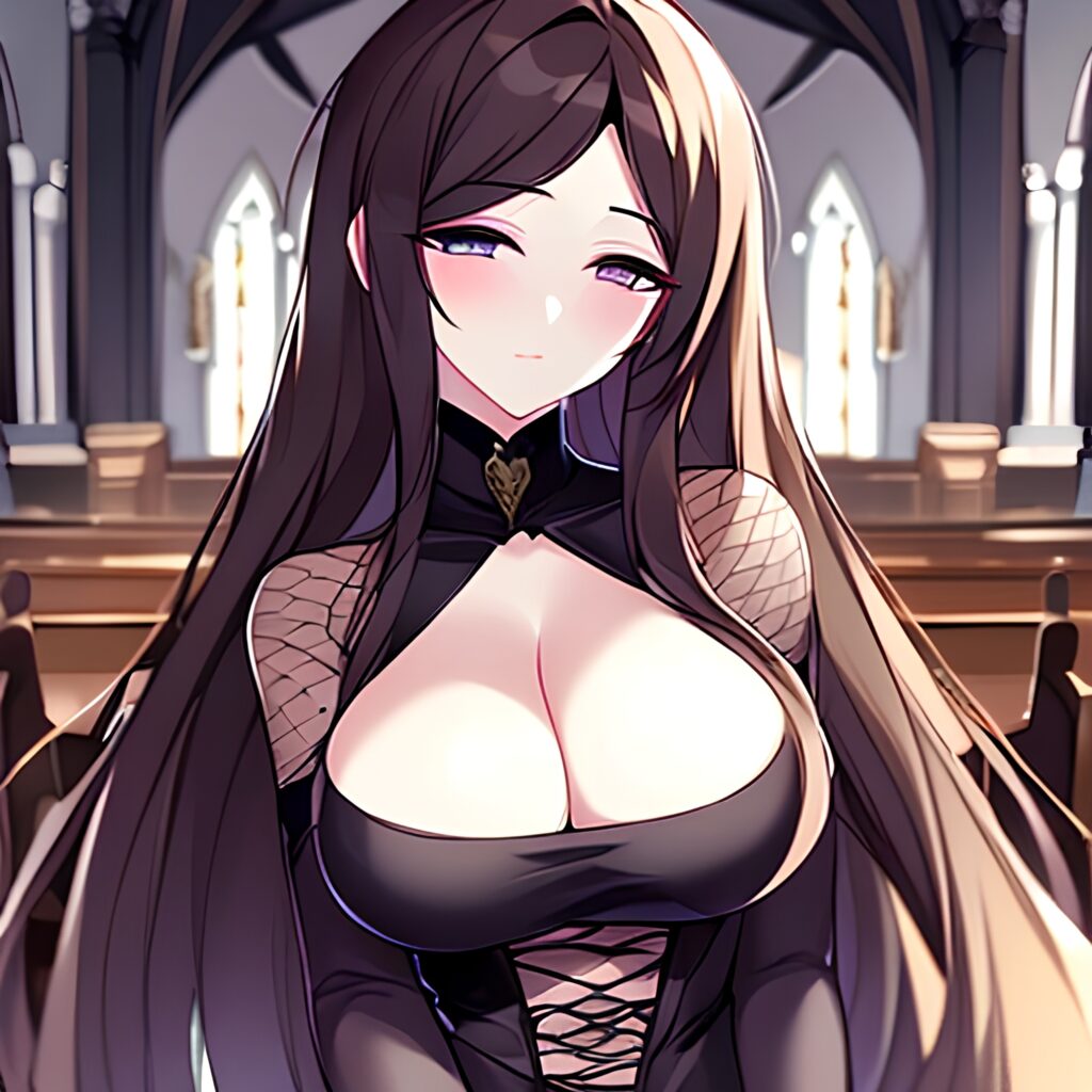 fishnet woman messy hair brunette church long hair 