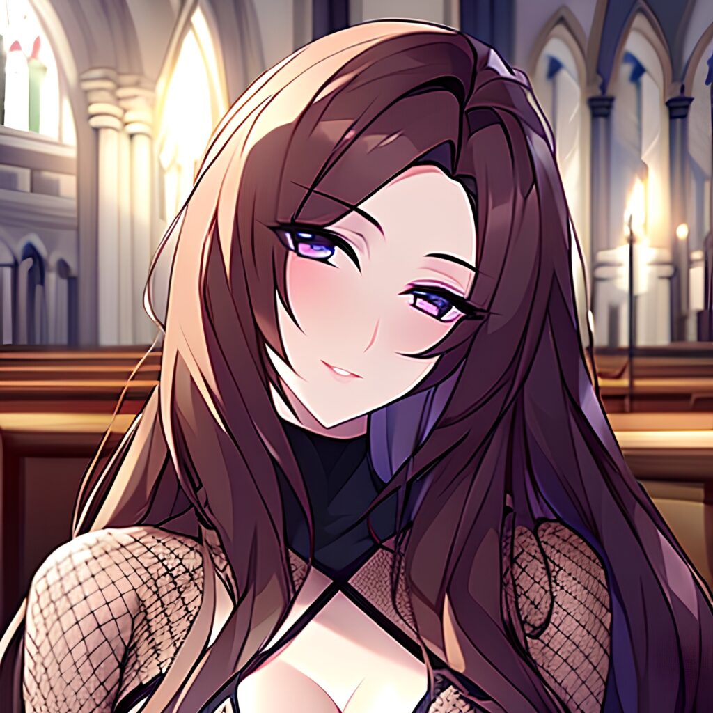 fishnet woman messy hair brunette church long hair 