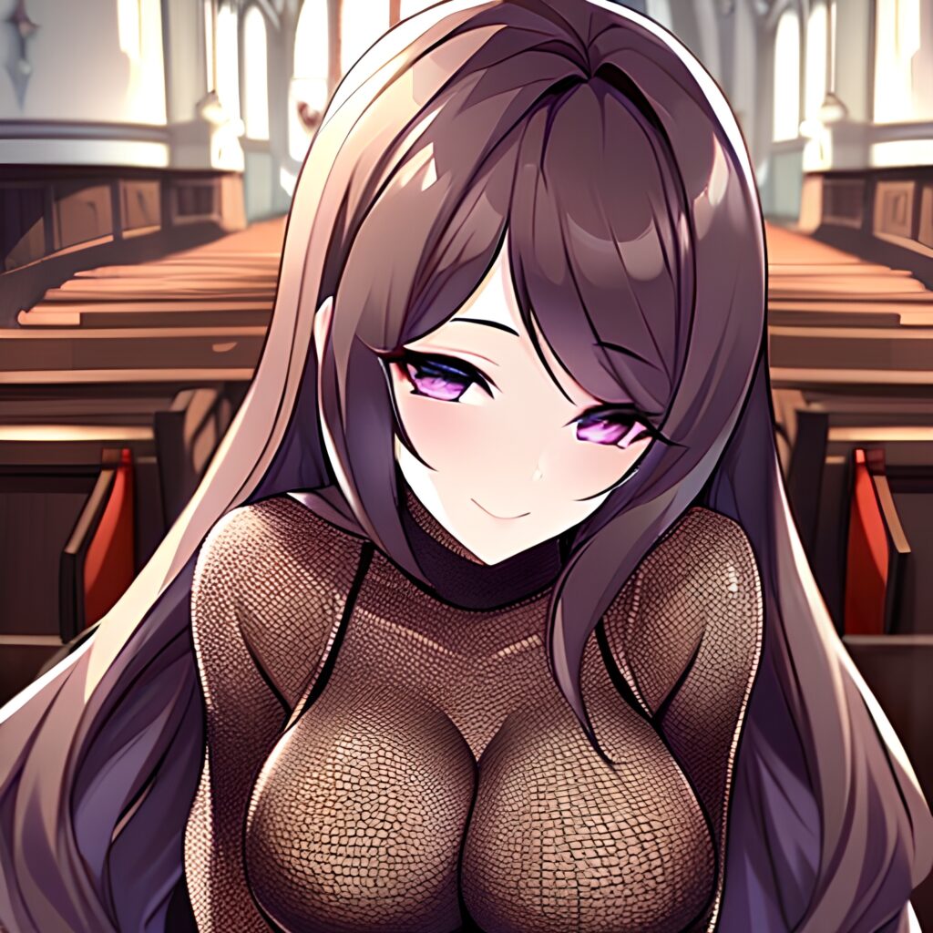 fishnet woman messy hair brunette church long hair 