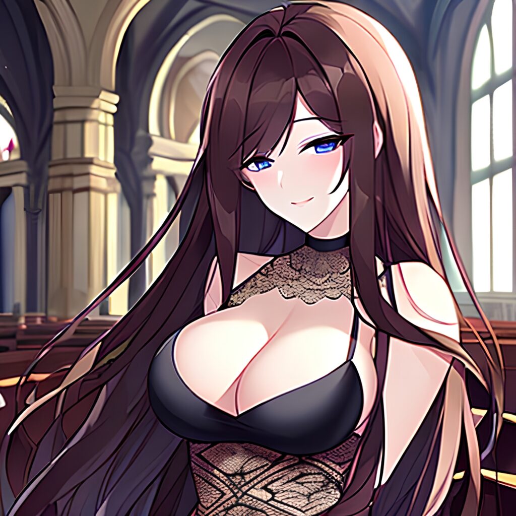 fishnet woman messy hair brunette church long hair 