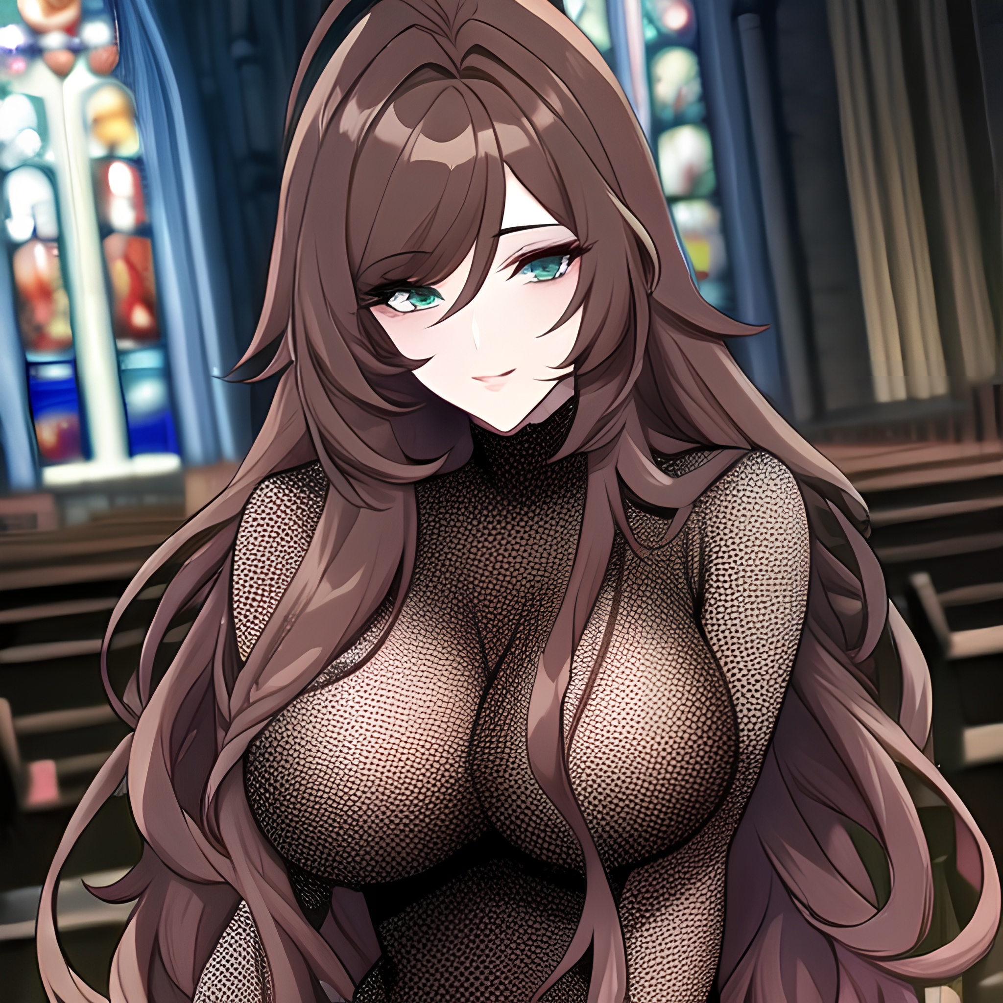 fishnet woman messy hair brunette church long hair 