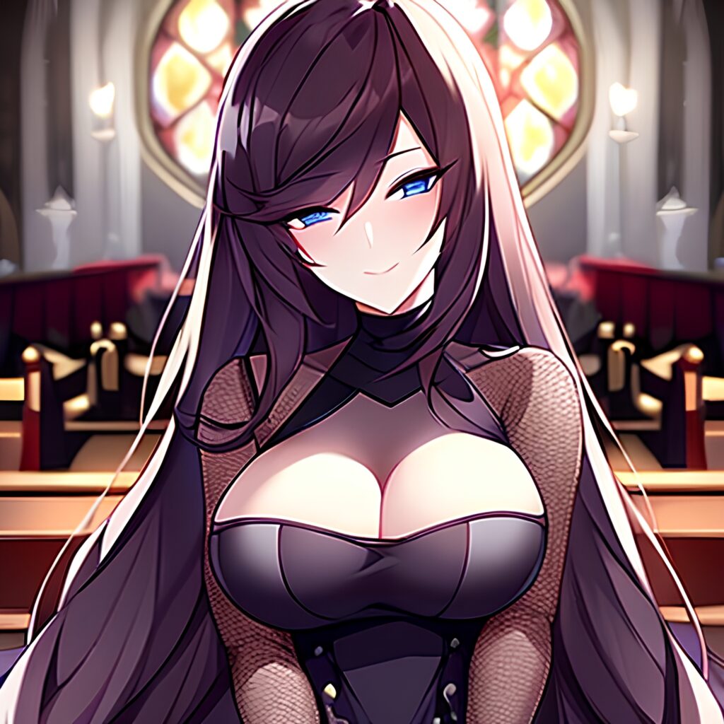 fishnet woman messy hair brunette church long hair 