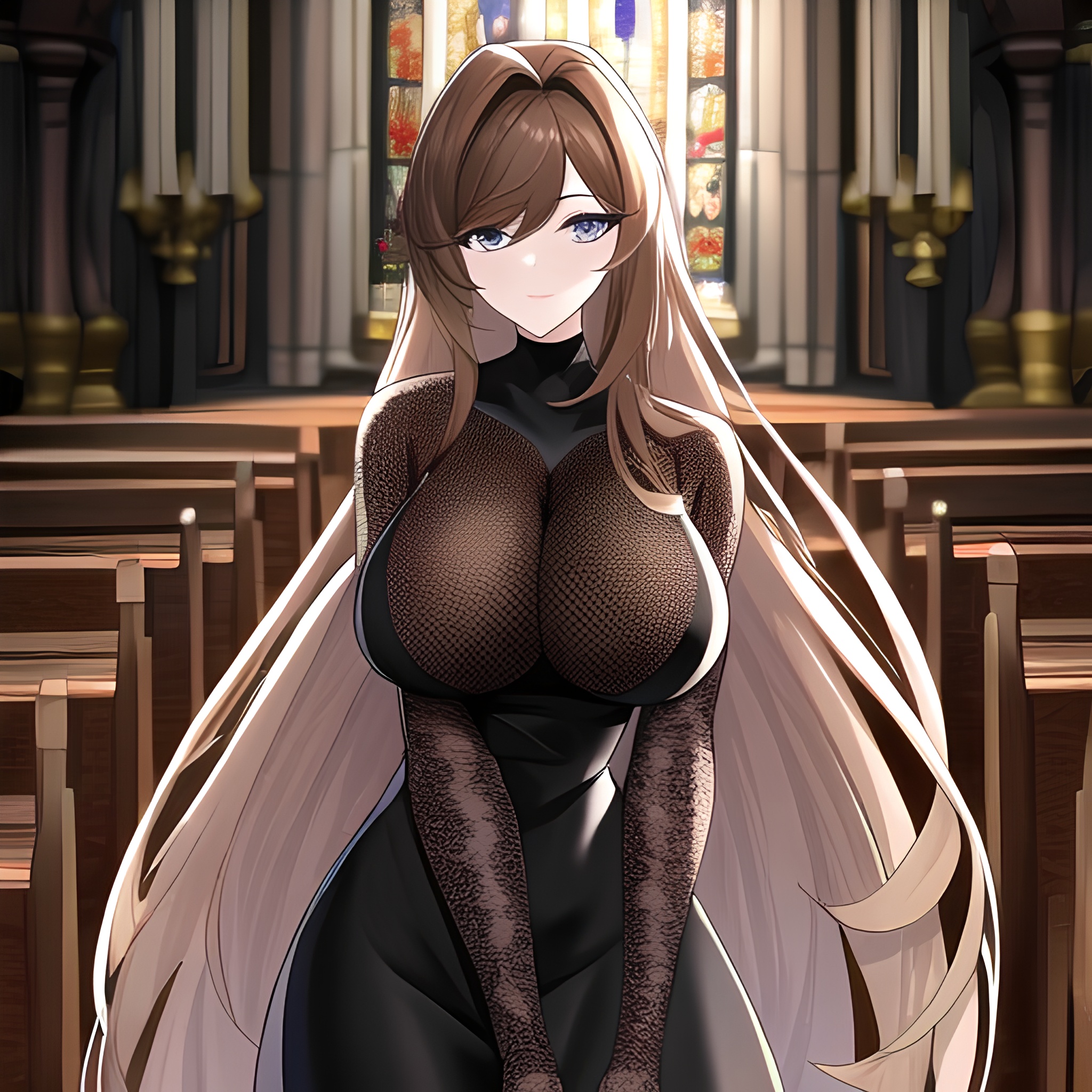 fishnet woman messy hair brunette church long hair 