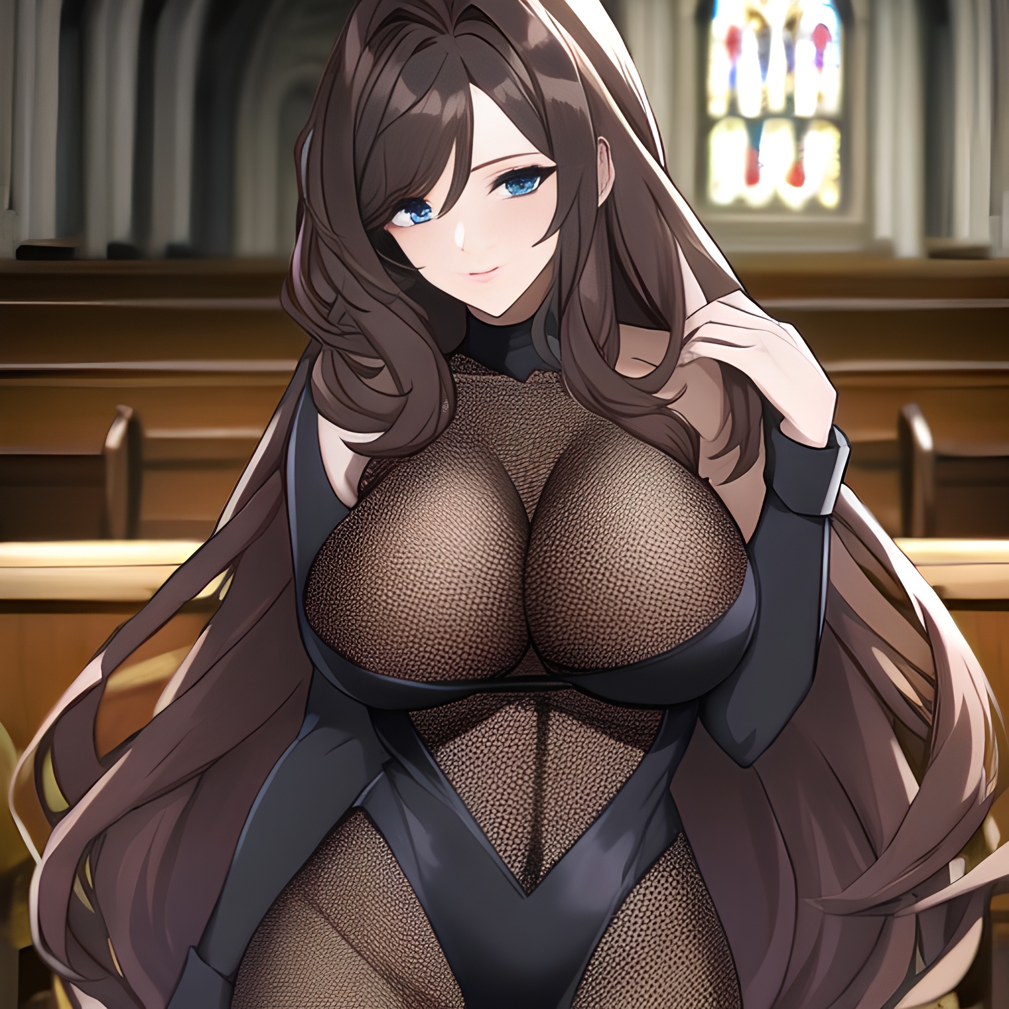 fishnet woman messy hair brunette church long hair 