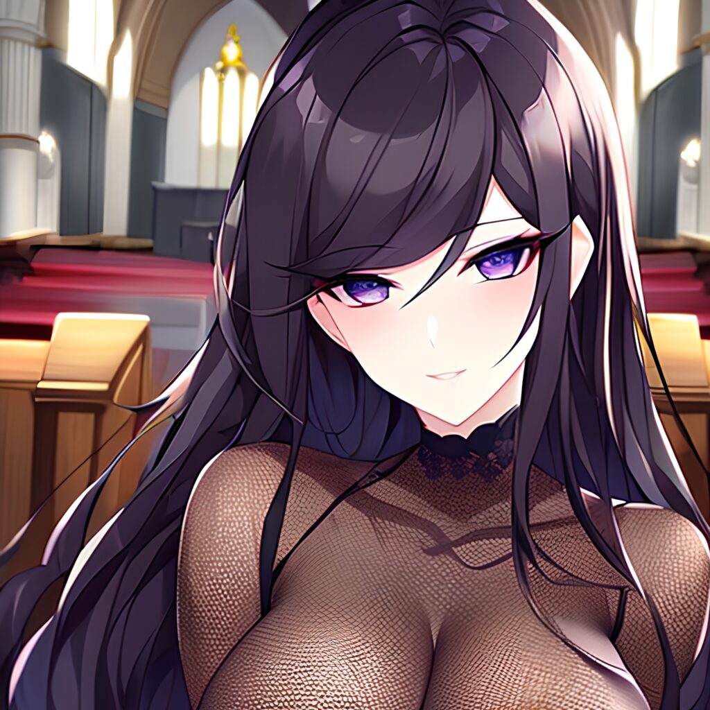 fishnet woman messy hair brunette church long hair 