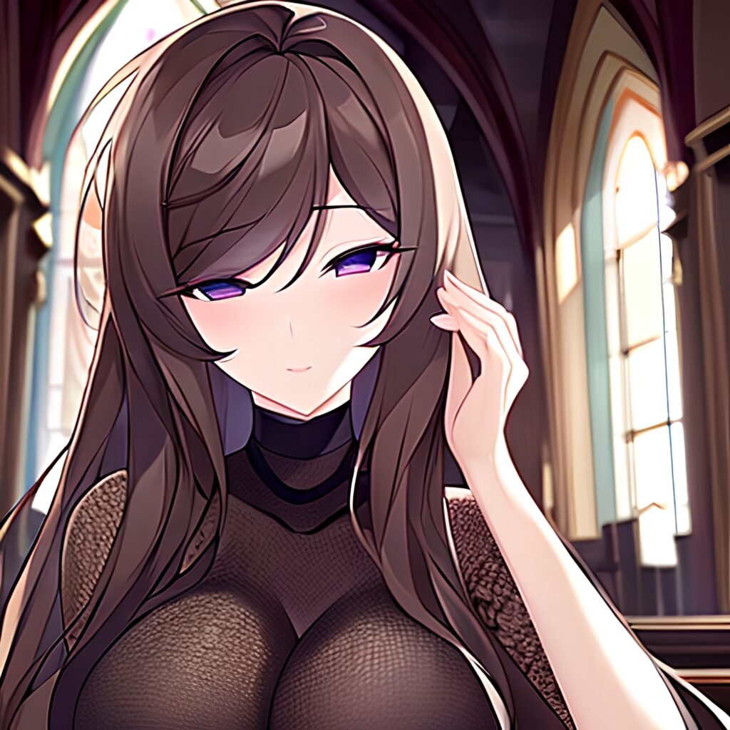 fishnet woman messy hair brunette long hair church 