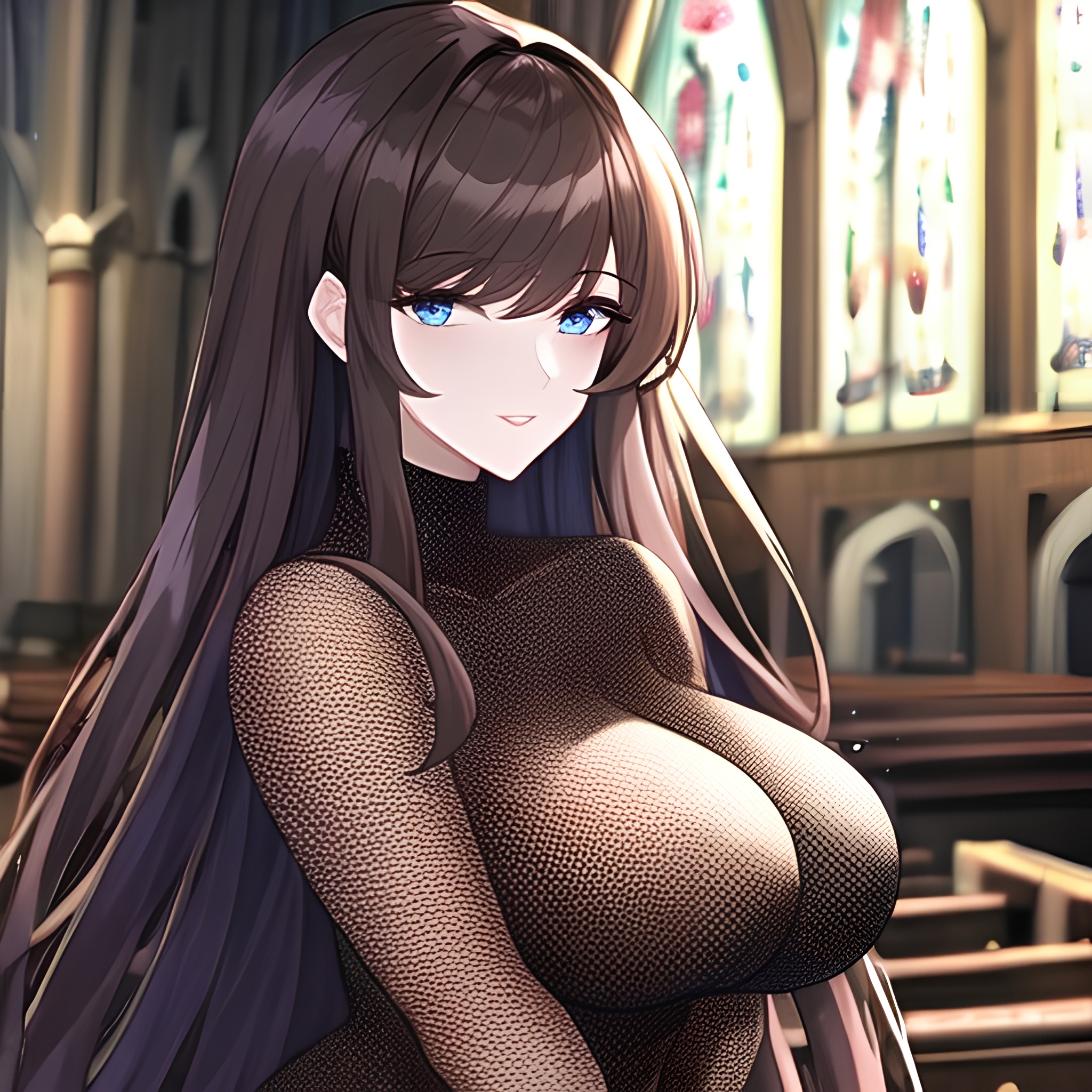 fishnet woman messy hair brunette long hair church 
