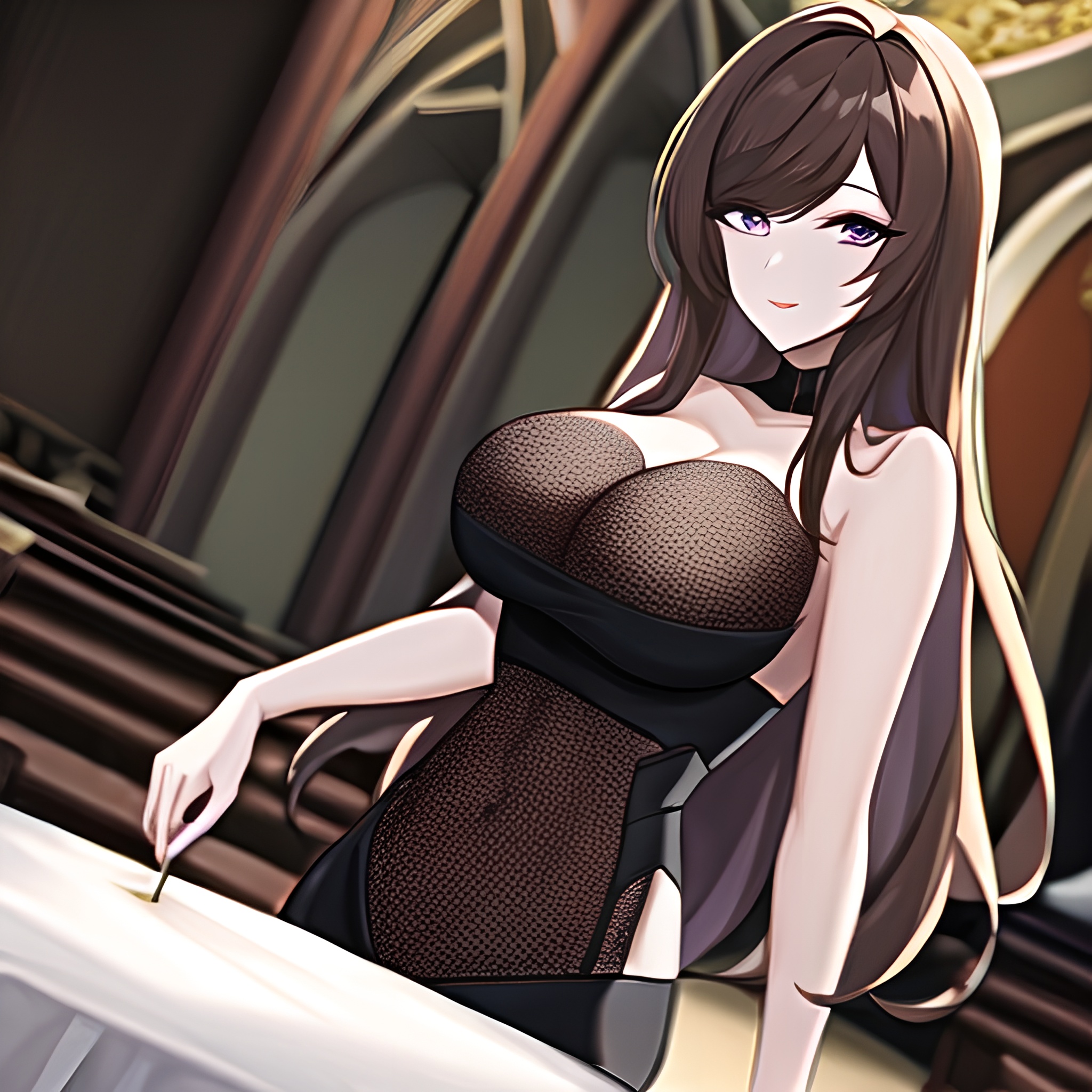 fishnet woman messy hair brunette long hair church 