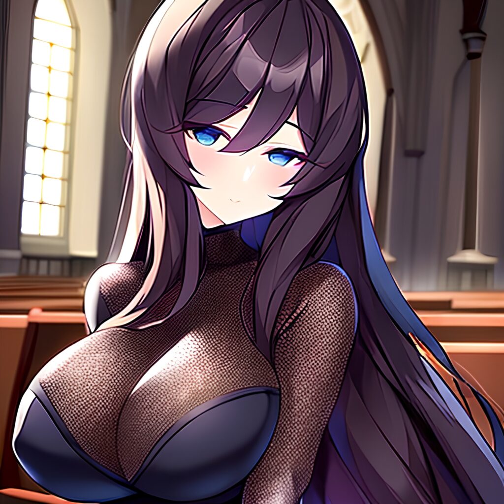 fishnet woman messy hair brunette long hair church