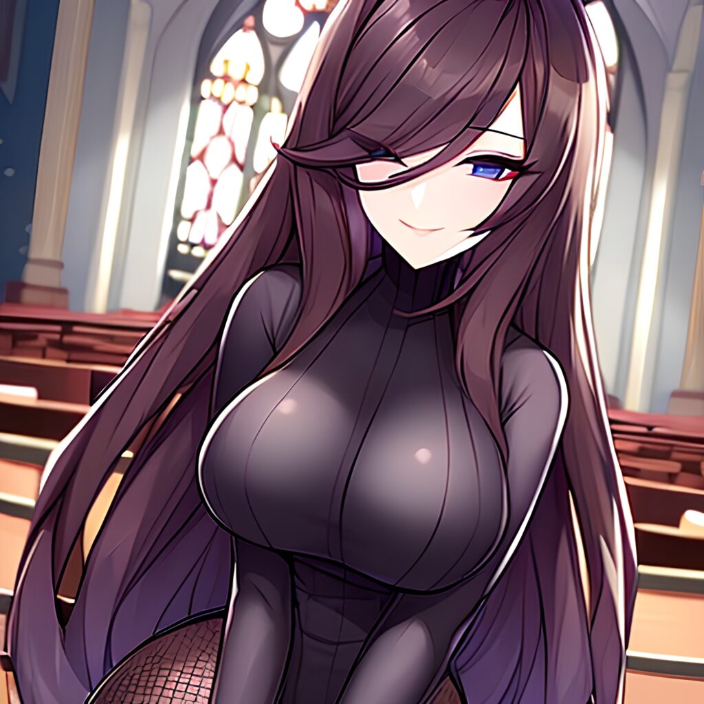fishnet woman messy hair brunette long hair church 