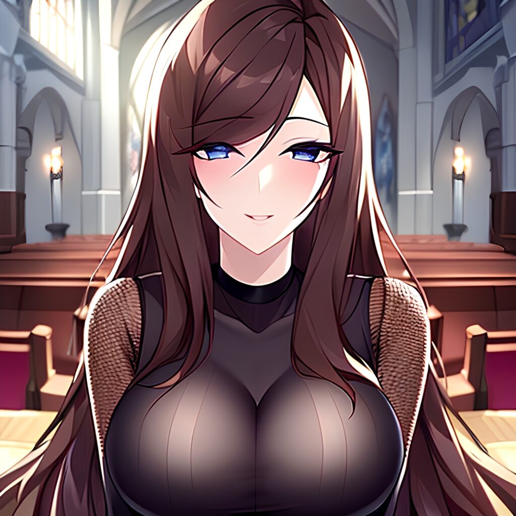 fishnet woman messy hair brunette long hair church 