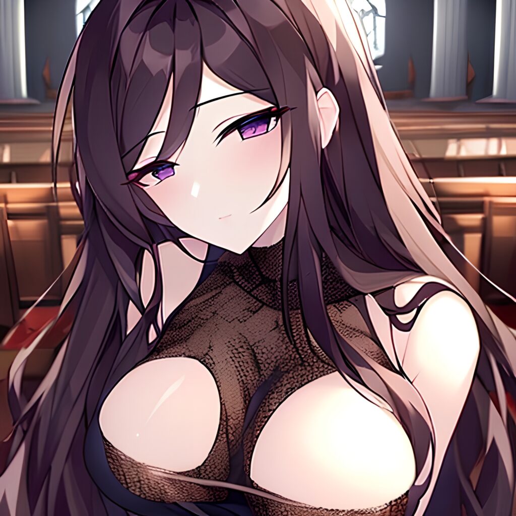 fishnet woman messy hair church long hair brunette 