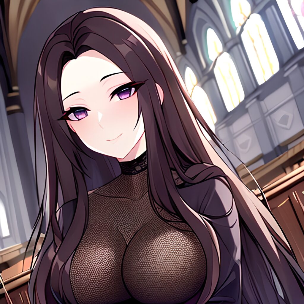 fishnet woman messy hair church long hair brunette 